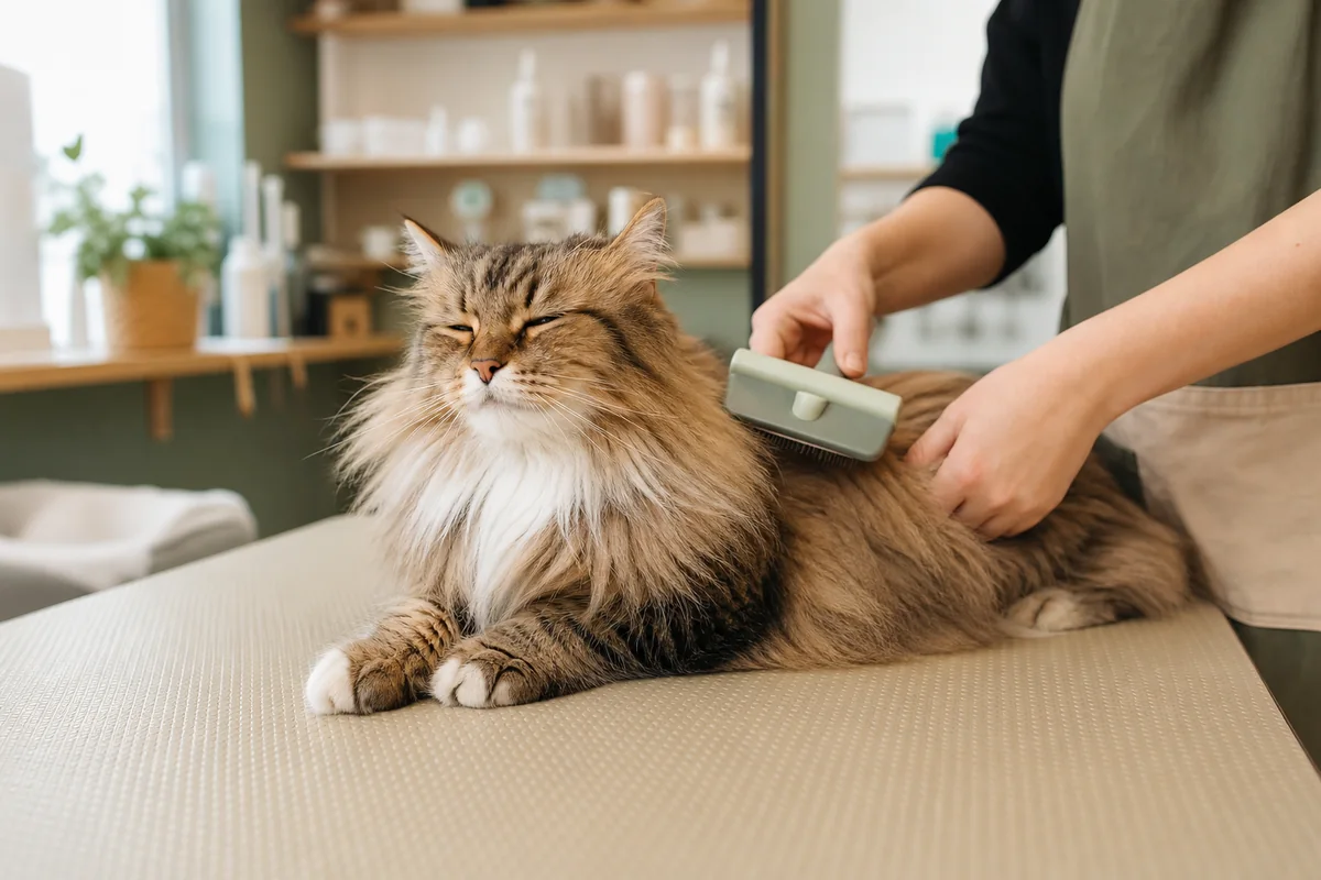Gatto rilassato durante una delicata spazzolatura professionale